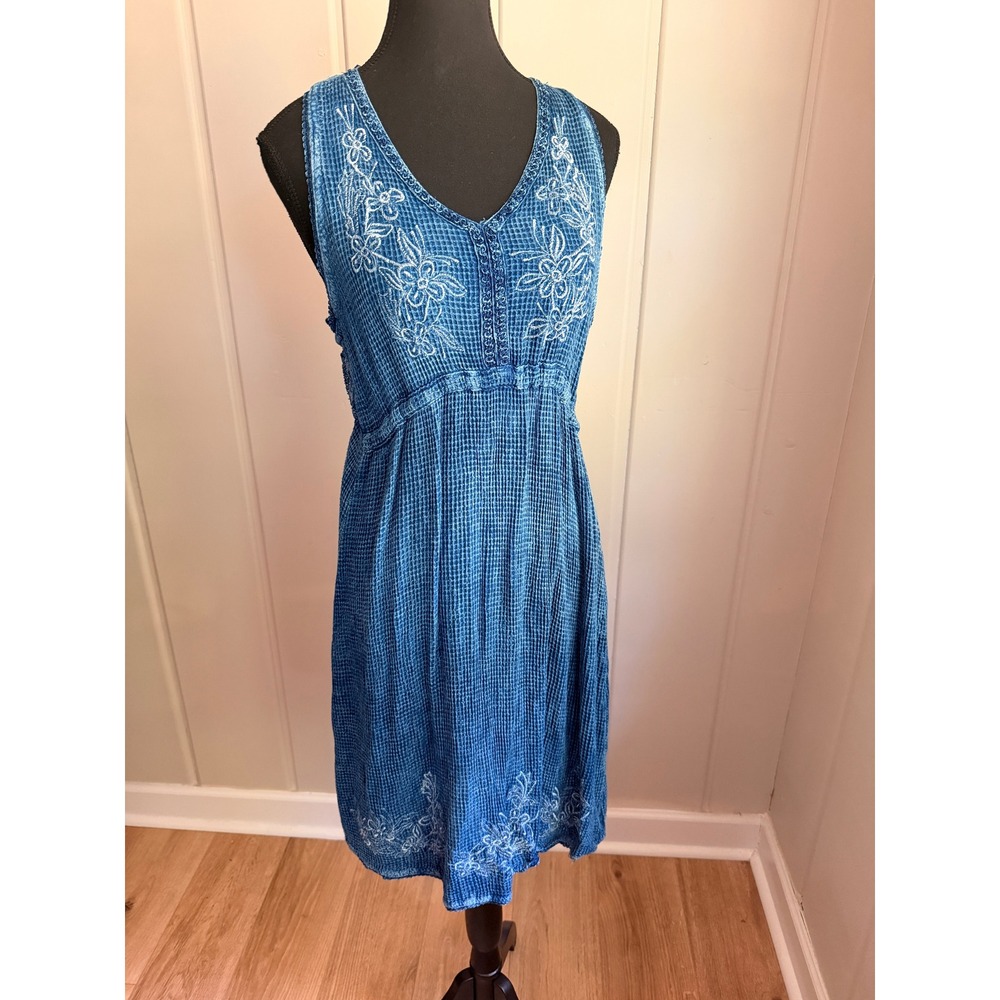 Raya Sun Blue Embroidered Boho Sleeveless Sun Dress XL Cotton Rayon Stretch